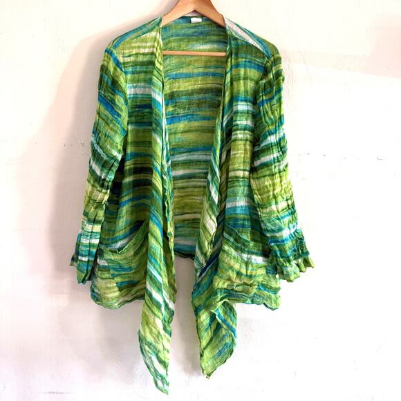 100% Linen Waterfall Cardigan Shawl Kimono Wrap Size 2X Green‎ Artsy Colorful - Picture 1 of 10